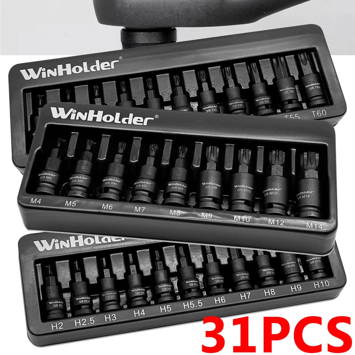 31PCS/Set IMPACT Hex Torx Spline Bit Sockets 3/8"Drive Set Mix M4-M14 T10-T60 H2-H10 Sockets Tools