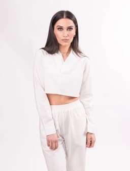 BALOU Long Sleeve V-Collar Cropped Top White