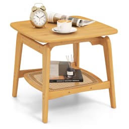 GOFLAME Side Table Bamboo Sofa Side Table w/Faux Rattan Storage Shelf-Natural