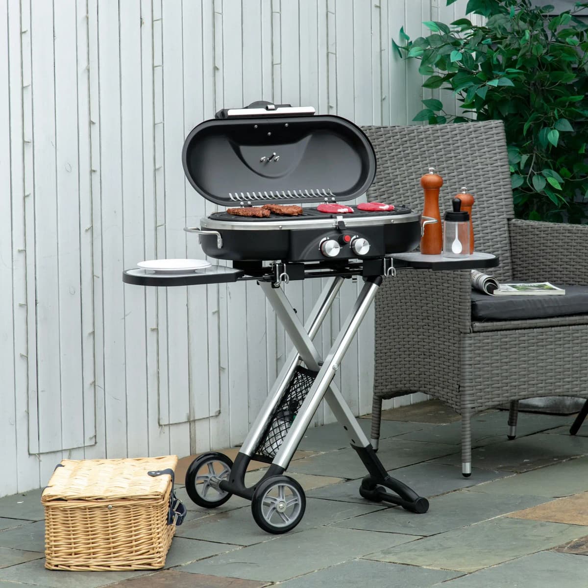 Outsunny Foldable 2 Burner Gas BBQ Grill Trolley w/ Side Shelves Storage Pocket