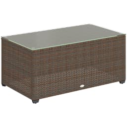 Outsunny Outdoor Coffee Table, PE Rattan Side Table with Tempered Glass Top, Wicker Square Garden Coffee Table End Table