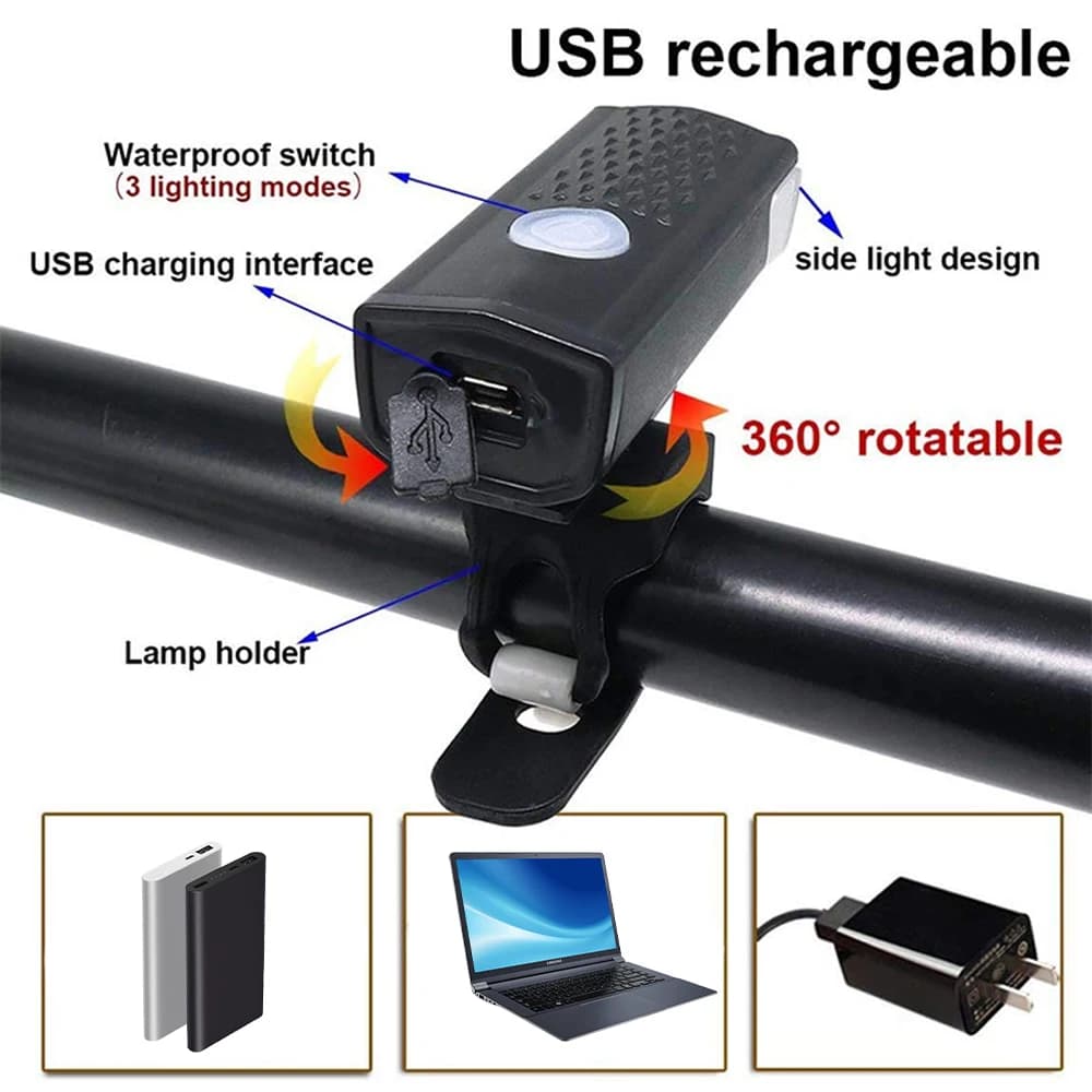 Podofo USB Rechargeable Bike Light Set Headlight Night Riding Lamp Warning Lamp Outdoor Bicycle Flashlight