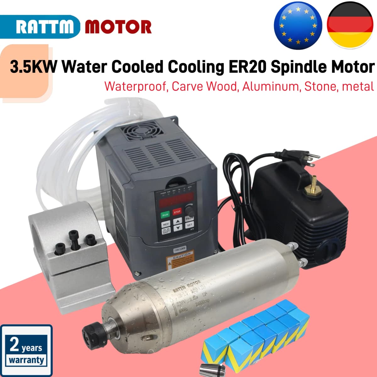 【EU Stock】CNC 3.5KW Water Cooled Cooling ER20 Spindle Motor CNC Router Kit Waterproof Metal Stone Engraving Grind Motor +VFD