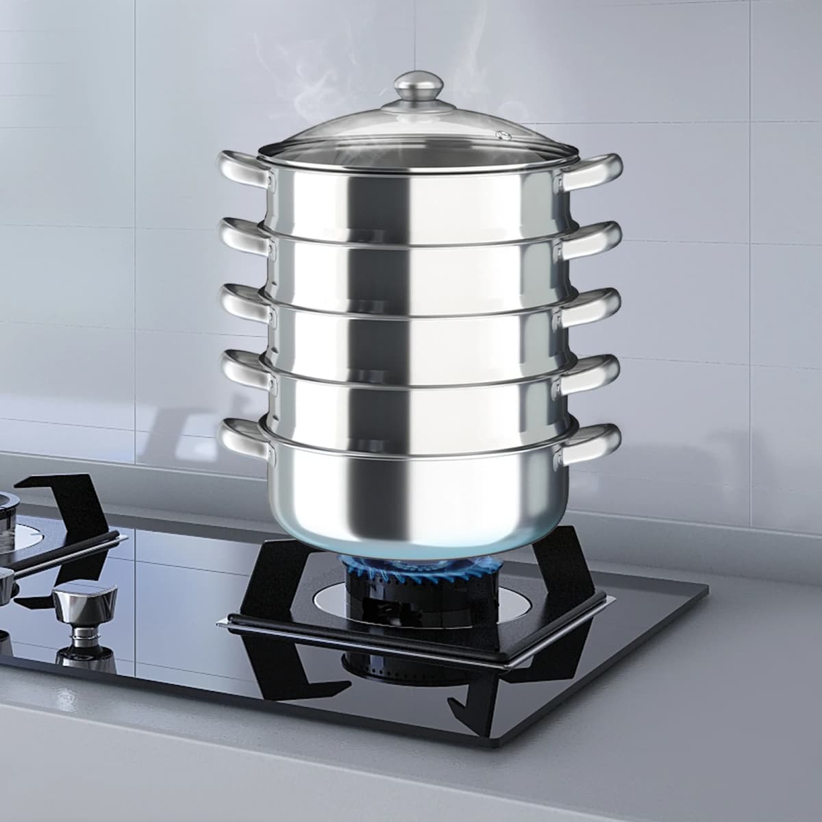 5 Tier Stainless Steel Cookware, Multipurpose Steaming Pot with Handle, Home Steam Food Tool Set, Multi Use Kitchen Implement