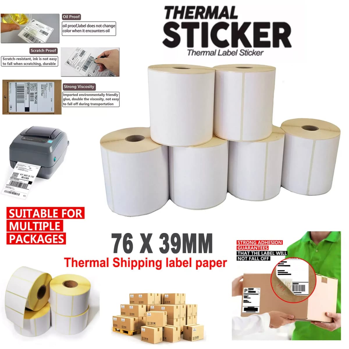 1000 Labels Tube Core 25mm 76 x 39mm Direct Thermal Labels for Thermal Printers