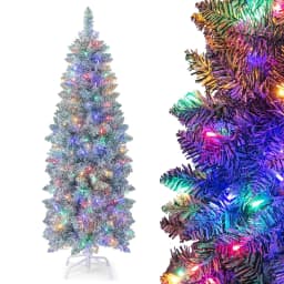 DORTALA 5FT Pre-Lit Artificial Christmas Tree Hinged Pencil Xmas Tree W/ 190 LED Lights
