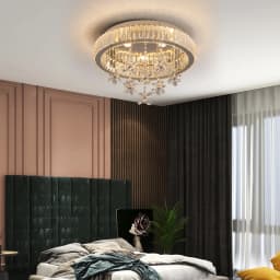 LED Modern Round Crystal Ceiling Light Flush Mount Chandelier with Flower Pendants Prism Crystal Lamp for Living Room Bedroom Home Decor