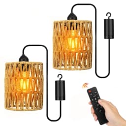 2 Pieces Pendant Lights with Light Bulbs with Remote Control,Rattan Lights, Bohemian Style Lights for Patio, Garden, Living Room