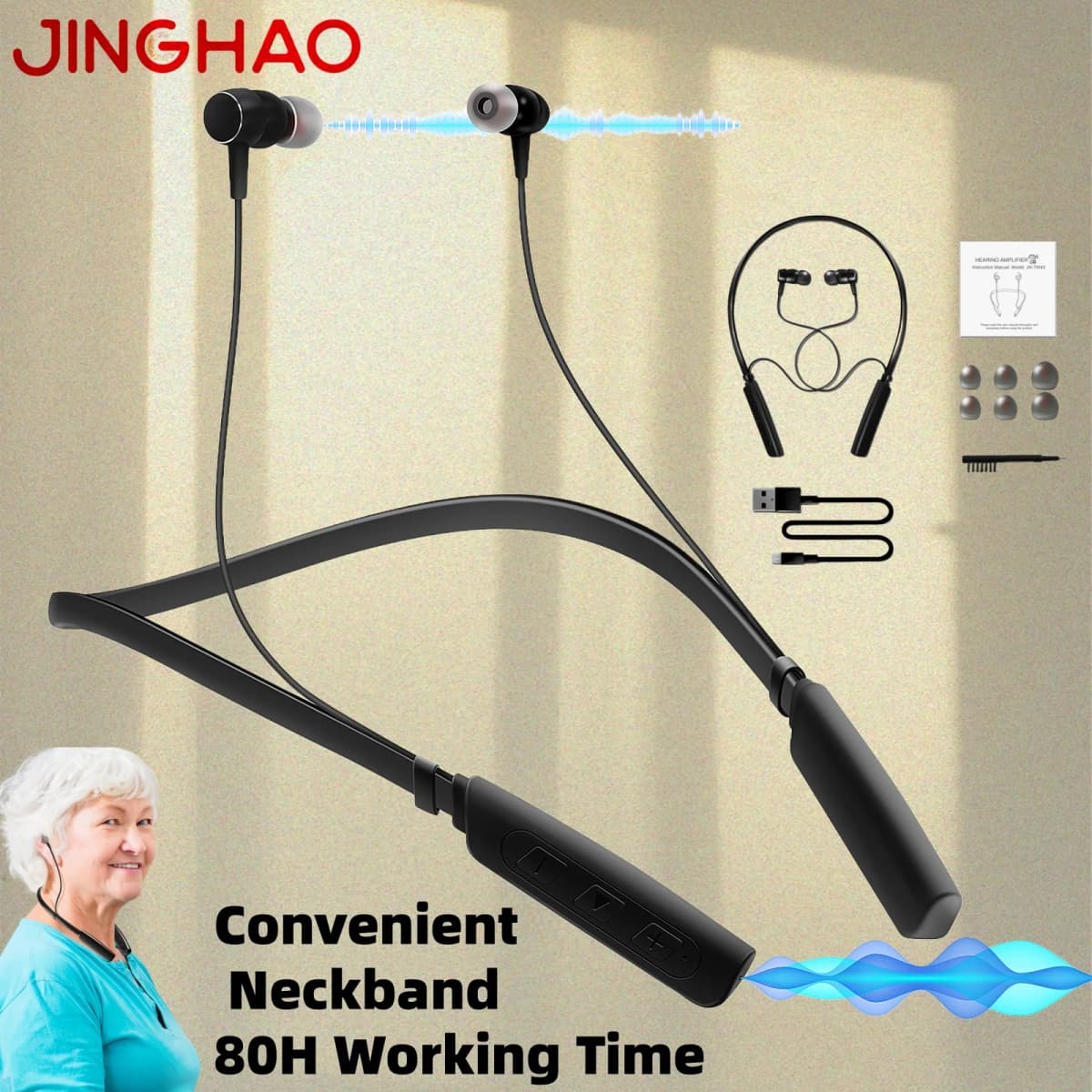 Rechargeable Hearing Amplifier-Anti Lost Convenient Neckband 80hours Working Time Noise Canceling to Aid Conversation TV Watch