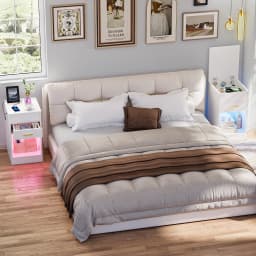 Wooden Flip-top Bedside Table for Bedroom UK Plug with One Drawer/Charging Station 2AC/2USB/1m Light Strip/Open-Shelf Storage