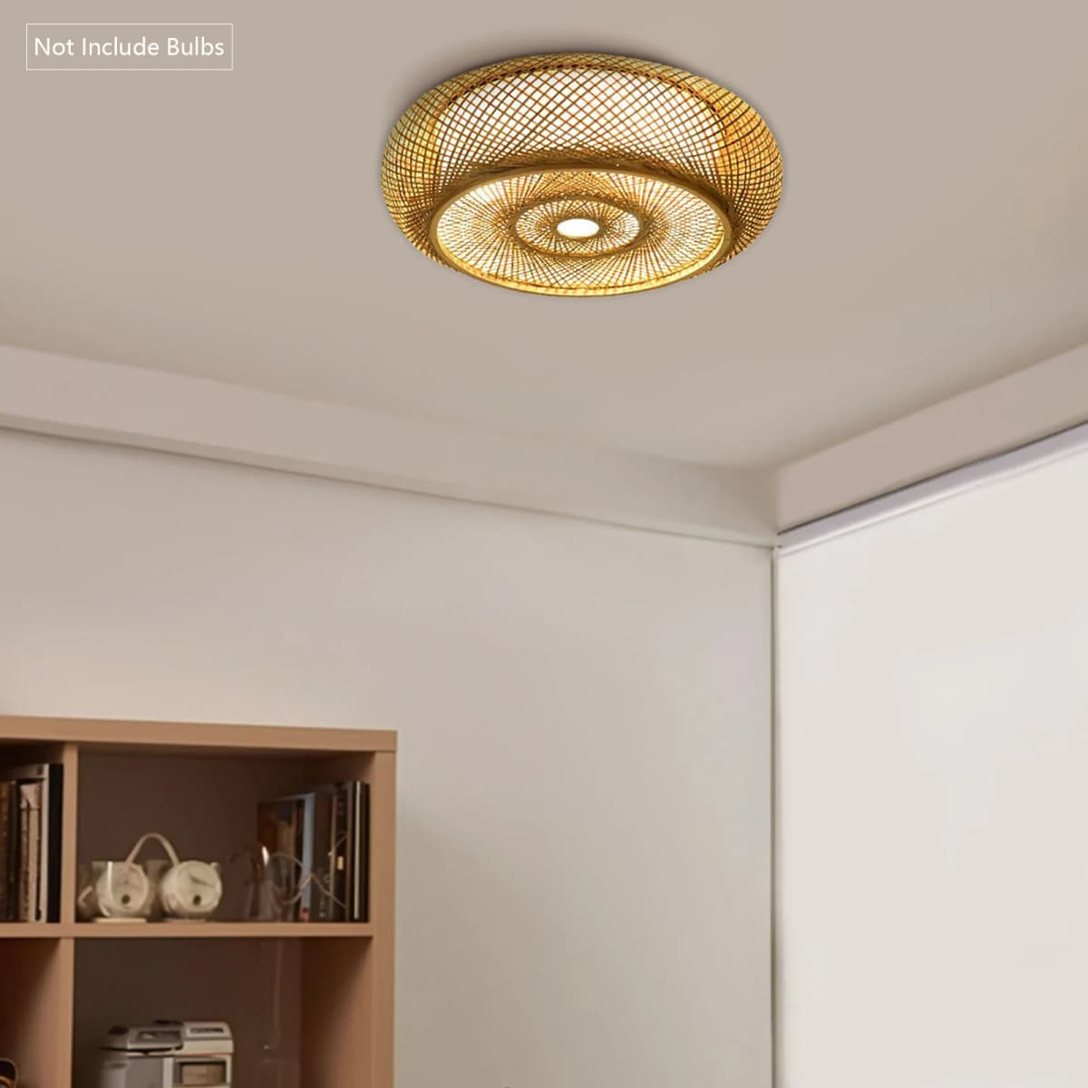 Handwoven Bamboo Rattan Ceiling Light Fixture, Modern Woven Flush Mount Pendant for Living Room Bedroom Kitchen, 3x E27