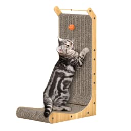 L-Shaped Corner Scratching Pad for Cats, 68cm Durable Solid Wood Scratch Board with Integrated Interactive Toy Ball for Play