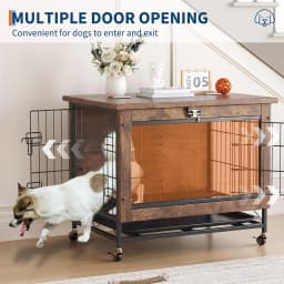 Dog Crate Furniture with Wheels, Side End Table, Dog Cage with 2 Doors & Tray, Lockable Pet Crate for Small/Medium Dogs