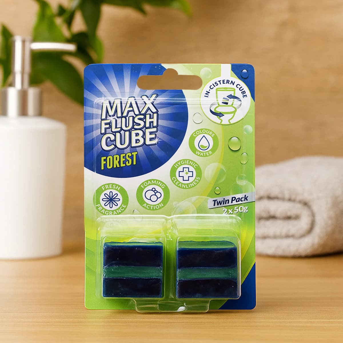 Max Flush Cube Toilet Cleaner 2x50g, Forest Scented with Foaming Action for Fresh and Hygienic Bathroom Use