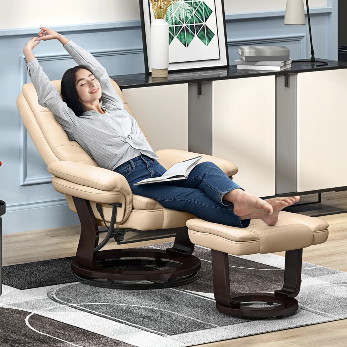 HOMCOM Swivel Manual Recliner and Footrest Set PU Leather Lounge Chair