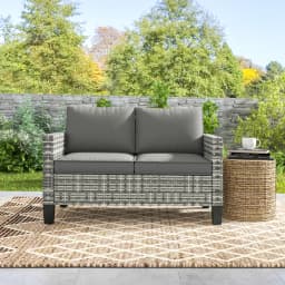Outsunny 2 Seater Rattan Sofa with Cushions, Wicker Garden Loveseat with Armrests, Outdoor Garden Sofa Couch