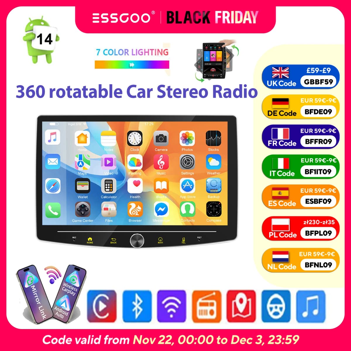 ESSGOO 10.1" 1 DIN Touch screen Universal Wireless carplay Android auto Car Stereo Radio 64G Android 14 GPS NAVI SWC BT MIC WIFI