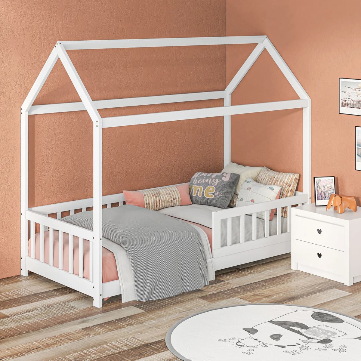 HOMCOM House-Shaped Kids Bed Frame with Safety Fence for Boys Girls, White