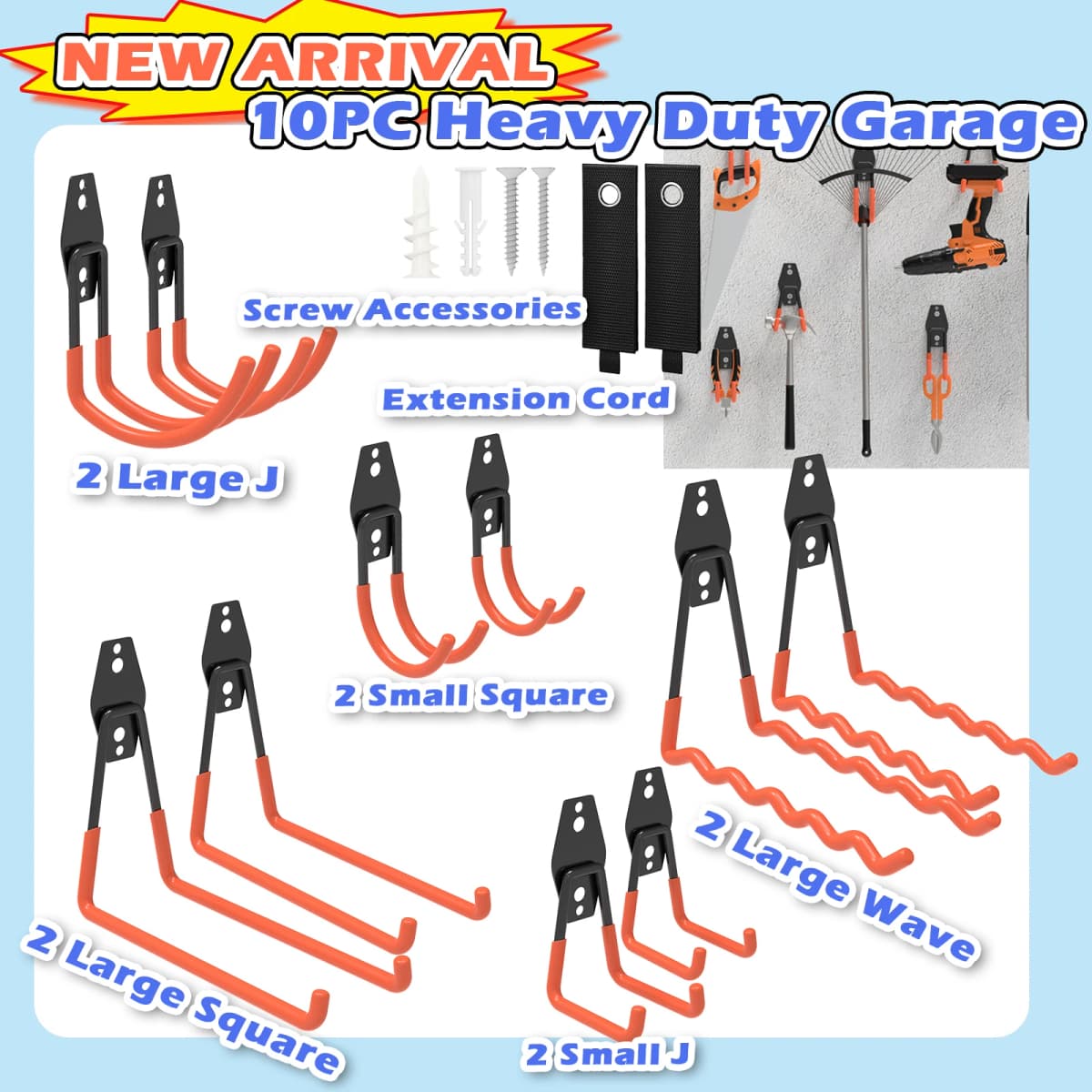 10 Pack Heavy Duty Garage Hooks with 2 Extension Cord Holder, Utility Steel Storage Hooks, Wall Mount Hooks