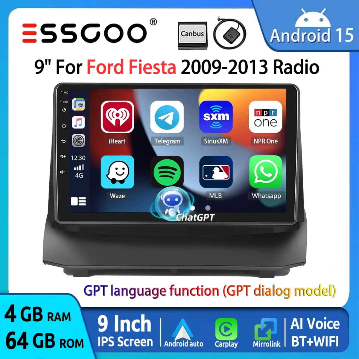 ESSGOO 9" Android 15 Car Stereo Radio For Ford Fiesta MK6 2008-13 Carplay Android Auto GPS Navi AI Voice ChatGPT BT FM RDS WIFI