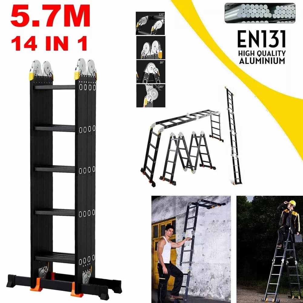 5.7M Heavy Duty Aluminium Folding Step Ladder Multi-Purpose 14 in 1 Combination Extendable Ladder 20 Steps