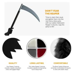 Ladies Reaper Costume - Black Dress, Wings, Face Paint & Scythe – Halloween Reaper Fancy Dress Outfit