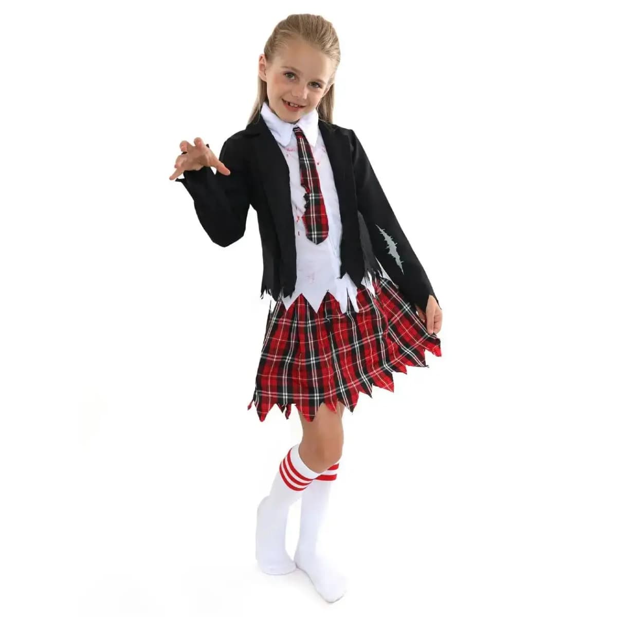 Child Zombie Schoolgirl Costume – Halloween Fancy Dress Outfit with Blazer, Shirt, Tie & Skirt for Girls