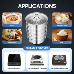 Stainless Steel Steamer with Glass Lid 5 Tier 46.5cm Cookware Cooking Pot Induction Hob Steamer for Dumplings Silver