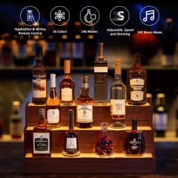 Cubehom LED Bottle Display Shelf, 3 Step Freestanding Bar Shelf with App & Remote Control, Illuminated Drinks Rack, Walnut