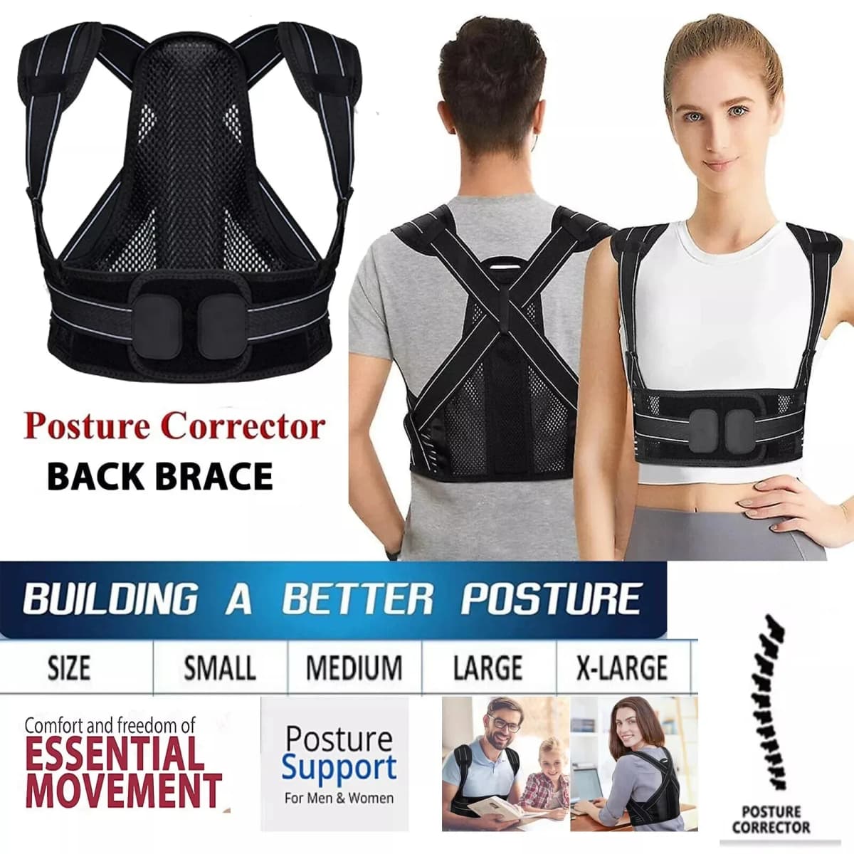 Back Brace Posture Corrector for Women & Men, Adjustable Back Lumbar Support Belt Shoulder Posture Support for Improve Scoliosis