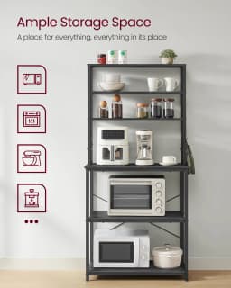 VASAGLE Kitchen Storage Rack, Coffee Bar, Baker’s Rack, Total 6 Shelves and 6 Hooks, for Microwave, Steel Frame, Industrial