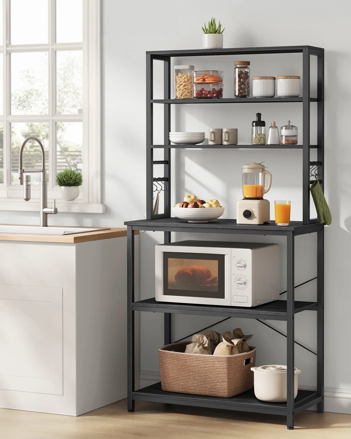 VASAGLE Kitchen Storage Rack, Coffee Bar, Baker’s Rack, Total 6 Shelves and 6 Hooks, for Microwave, Steel Frame, Industrial