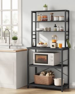 VASAGLE Kitchen Storage Rack, Coffee Bar, Baker’s Rack, Total 6 Shelves and 6 Hooks, for Microwave, Steel Frame, Industrial