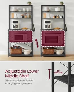 VASAGLE Kitchen Storage Rack, Coffee Bar, Baker’s Rack, Total 6 Shelves and 6 Hooks, for Microwave, Steel Frame, Industrial
