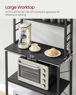 VASAGLE Kitchen Storage Rack, Coffee Bar, Baker’s Rack, Total 6 Shelves and 6 Hooks, for Microwave, Steel Frame, Industrial