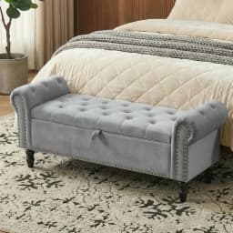 Velvet Storage Bench Upholstered Tufted Ottoman Bench w/ Arms Large Storage Space End of Bed Bench for Bedroom Living Room