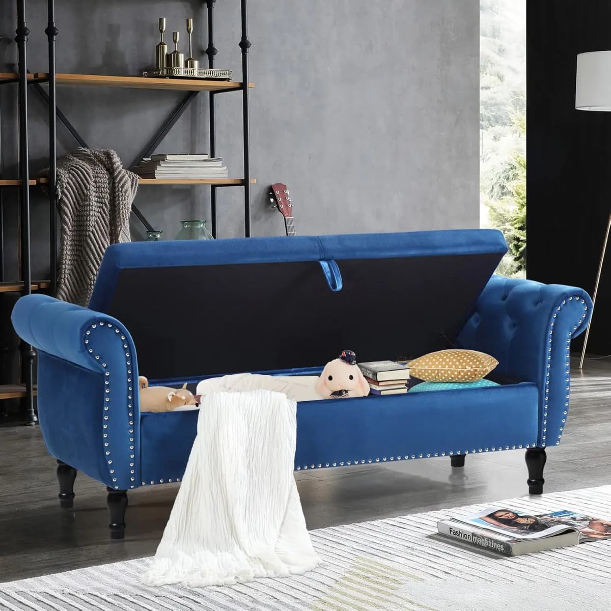 Velvet Storage Bench Upholstered Tufted Ottoman Bench w/ Arms Large Storage Space End of Bed Bench for Bedroom Living Room