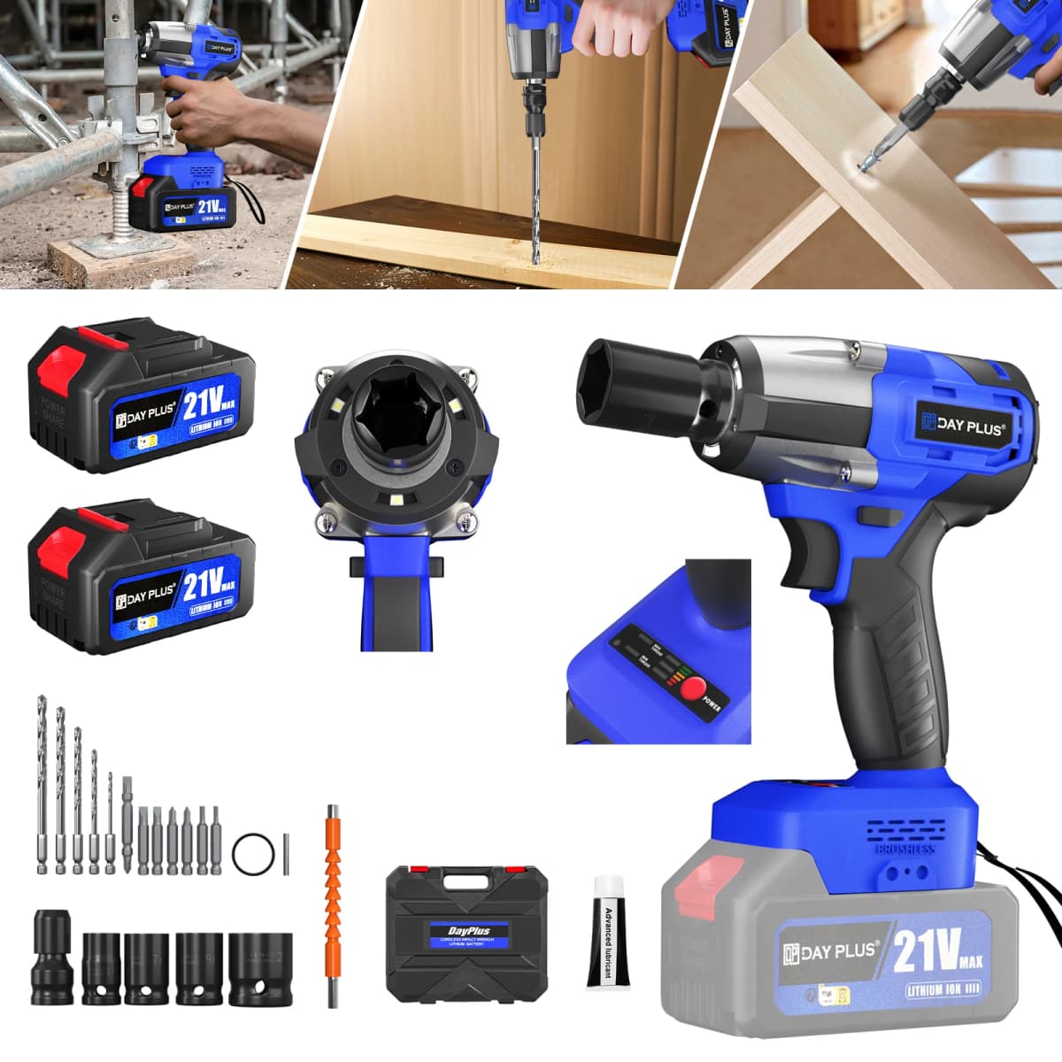21V Brushless Cordless Impact Wrench,420 N.M High Torque Impact Wrench with 4 Sockets + 12 Driver Bits+ 2x 6.0AH Battery