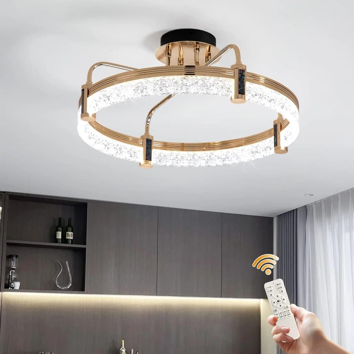 Modern Gold Ceiling Light, Dimmable LED Chandelier with Acrylic in Crystal Shape, 1-Ring Pendant Lighting Fixtures