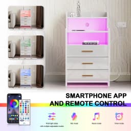 Nightstand With Drawers Wood Bedside Desk with Lighting Sofa Bed Side Table Charging Station 2AC/2USB 6 Layers Modern Nightstand