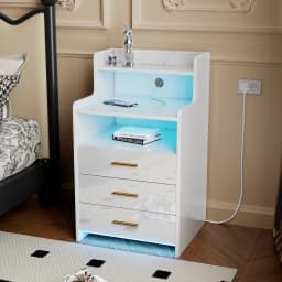 Nightstand With Drawers Wood Bedside Desk with Lighting Sofa Bed Side Table Charging Station 2AC/2USB 6 Layers Modern Nightstand