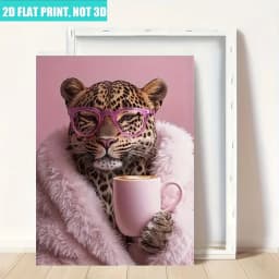 2D Flat 1pc Leopard in Pink Fur Coat Drinking Coffee Wall Art Decor, Suitable for Bedroom, Living Room