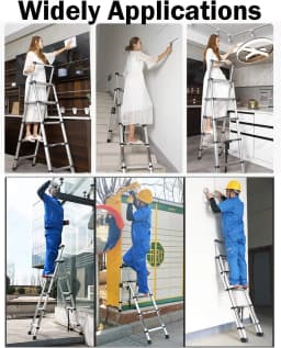 6+7 Steps Aluminium Extension Ladder Telescopic Ladder, Portable, A-Frame Multi-Purpose Anti-Slip Extendable Loft Ladder 150kg