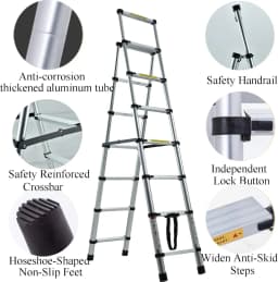 6+7 Steps Aluminium Extension Ladder Telescopic Ladder, Portable, A-Frame Multi-Purpose Anti-Slip Extendable Loft Ladder 150kg