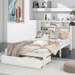 Bed with Shelves White Wooden Storage Bed Underbed Drawer Frame Only