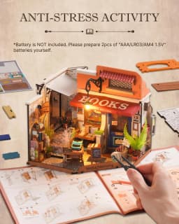 Robotime Rolife Corner Bookstore DIY Miniature House Kit Build Mini House Building Kit with LED Lights Craft Gifts for Kids Girl