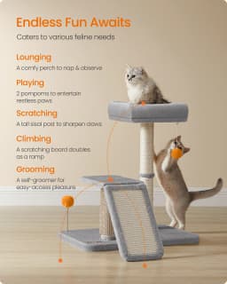 Feandrea Cat Scratching Post with Bed, Multifunctional Cat Scratcher with Rotatable Scratching Ramp, Perch, Self-Groomer