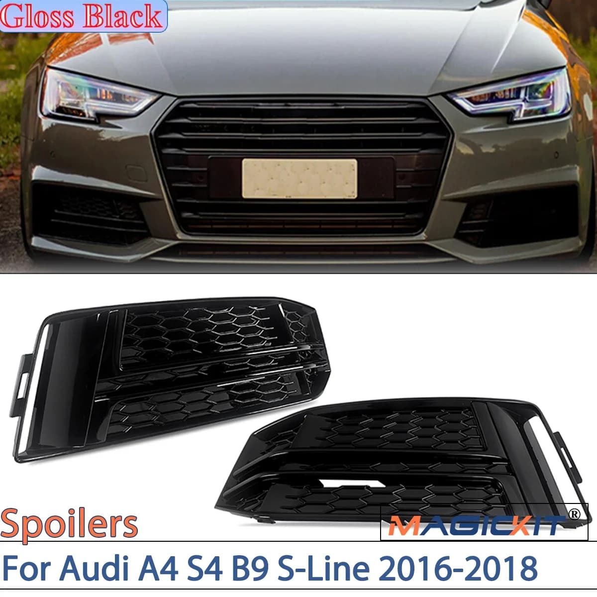MAGICKIT For Audi A4 S4 B9 S-Line 2016-2018 Black Honeycomb Front Fog Light Grille Cover CAR Accessories Gloss Black