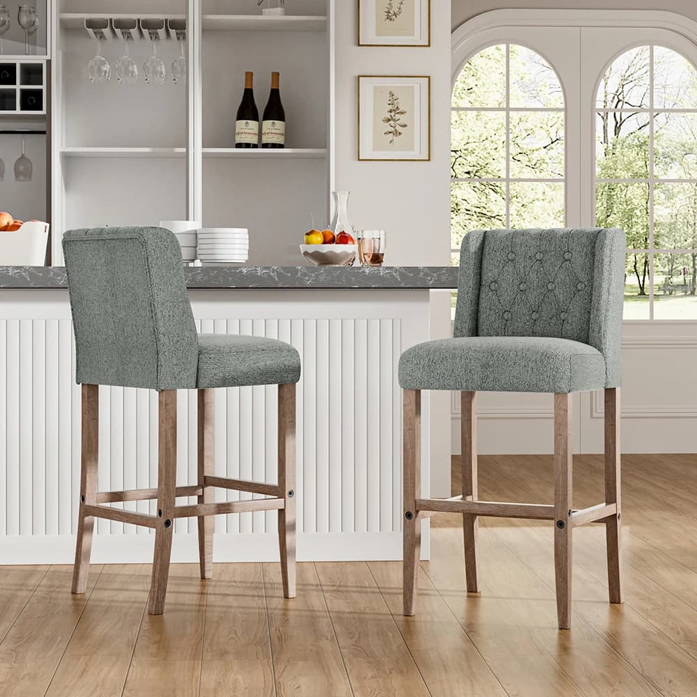Voltsify Rustic Set of 2 Bar Stools Linen Tufted with Wood Legs
