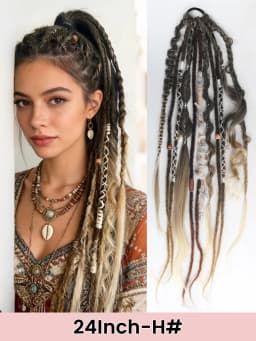 Hand-Braided Viking Dreadlock Beaded Synthetic Hairpiece 24" Boho Braided Ponytail Extension with Hair Tie for Women